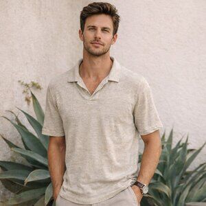 Porter & Ash Linen Knit Polo Lightweight Short Sleeve Oatmeal Beige Sz L FLAW